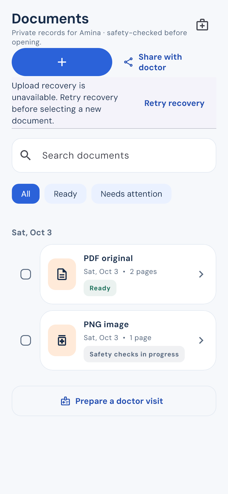 Organized health records screen
